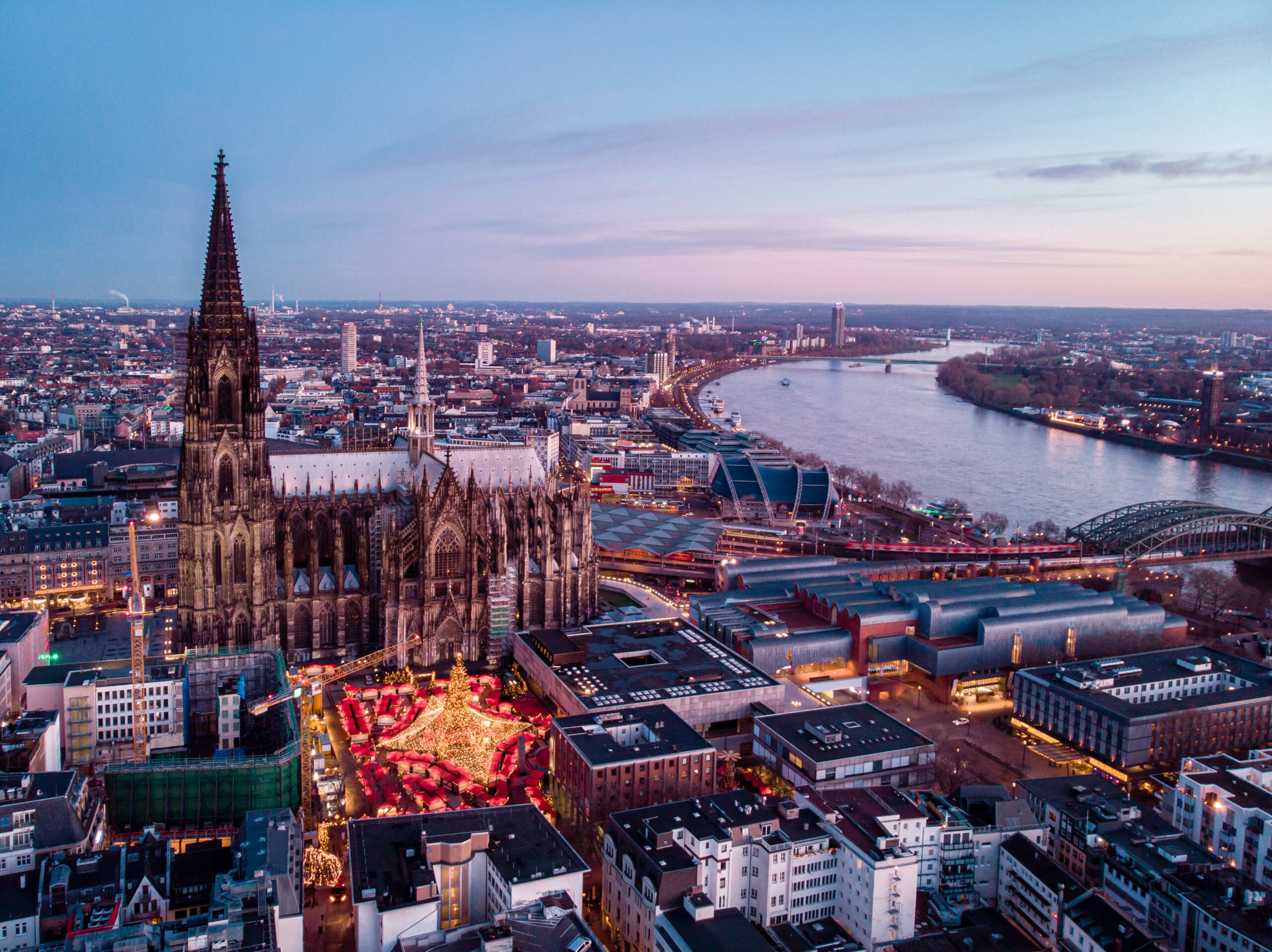 Cologne Germany Christmas market, aerial drone view over Cologne rhine river Germany